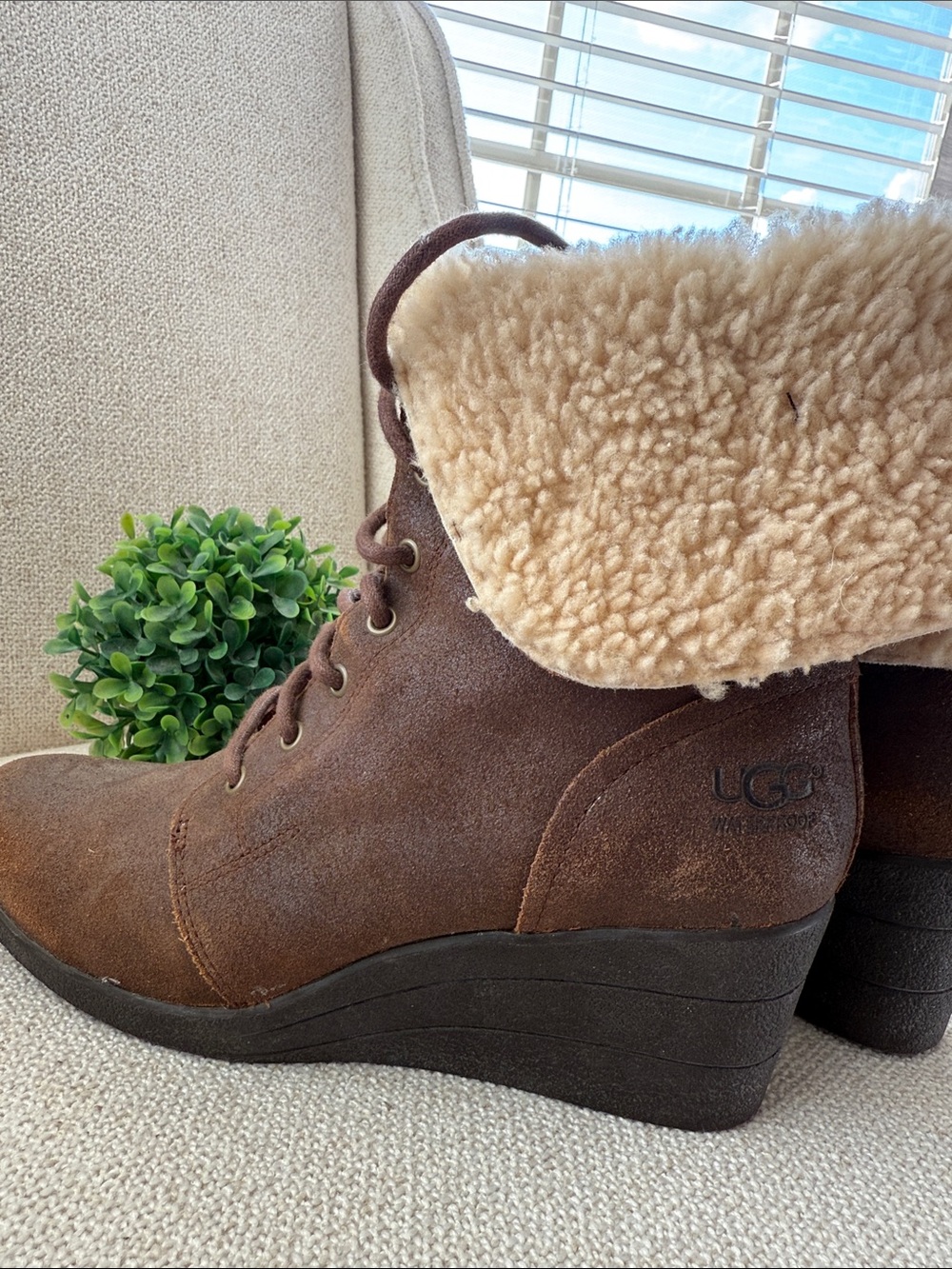 UGG Zea Brown Suede Wedge Lace-Up Boot with Shearling Cuff